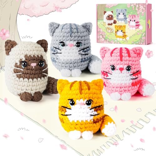 Crochet Kit for Beginners -4 PCS Cat Crochet Kit with Step-by-Step Video Tutorials, Learn to Crochet Kits for Adults, Beginner Crochet Kits for Adults, Animals Cat Crafts Knitting Kit Galentines Gifts
