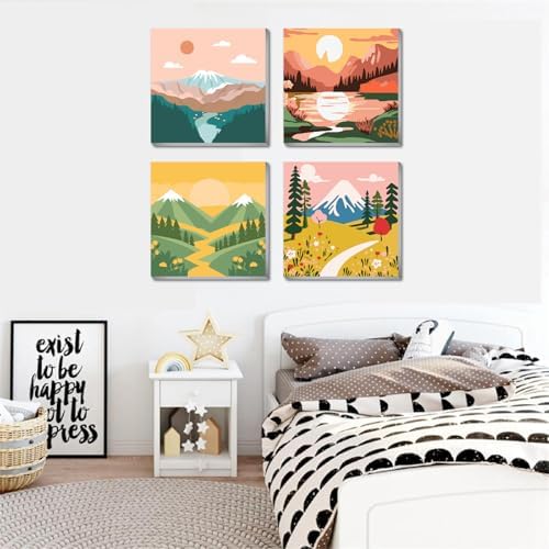 FQOVKYN 4 Packs Paint by Numbers Kit for Adults with Frame, DIY Landscape Adult's Paint by Number on Canvas, Mountain Oil Painting Kits for Home Wall Decor 8x8 Inch