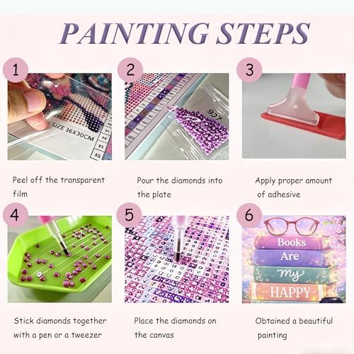 EOPLK Books Diamond Painting Kits for Adults, Books are My Happy Place Diamond Art Kit for Beginners, 5D DIY Full Drill Round Gem Painting by Numbers for Home Wall Decor Gift, 12x16 inch