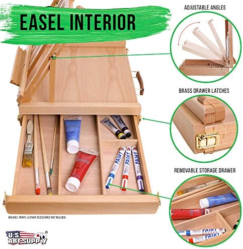 U.S. Art Supply Large Adjustable Wooden Desktop Easel with Storage | Portable Sketchbox, Tabletop Easels for Painting, Drawing & Art Supplies, Premium Beechwood