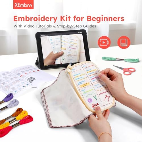 XEmbro Embroidery Stitch Book Kit for Beginners and Sewing Lovers, Portable Embroidery Book Kit with Water-Soluble Pre-Printed Fabric, Square Embroidery Hoop, and Sewing Tool