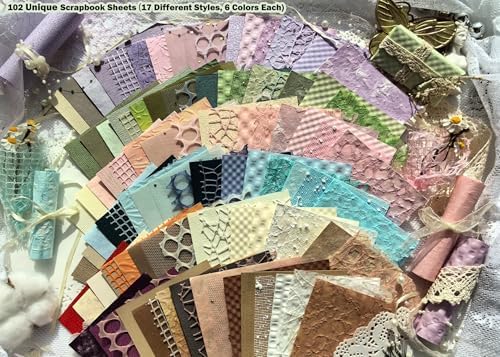 102 Sheets Textured Scrapbook Paper and Mesh Fabric Kit, 6 Pack Handmade Special Decorative Decoupage Paper for Scrapbooking Bullet Junk Journal Supplies Cards Crafts( 6 x 4 inches)