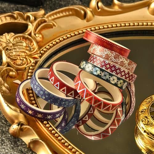 36 Rolls Skinny Washi Tape Set Gold Foil Detailing Arts Adhesive Tapes Basic Patterns Decorative Masking Tape Sets for Craft, Kids, Scrapbook, DIY, Gift Wrapping (Colorful Silver)