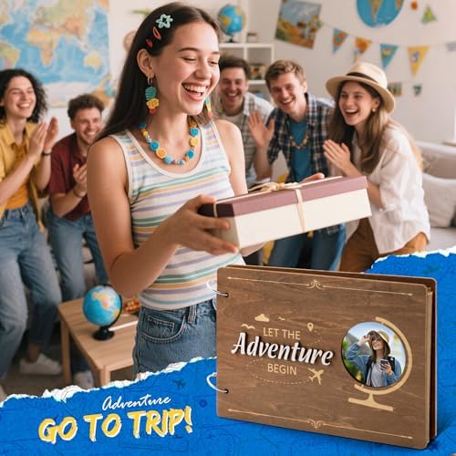 CY2SIDE Travel Photo Album Scrapbook - 111PCS Let The Adventure Begin Wooden Travel Scrapbook Craft Kit, Traveling Diary Photo Book DIY Handmade Souvenir Gifts for Adventure Lovers, Heartfelt Present