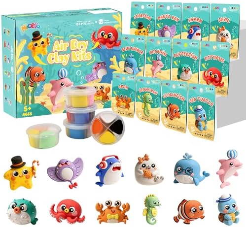 Air Dry Clay Kit, 12 Sea Creature Modeling Clay for Kids, Model Magic Clay with Sculpting Tools and Tutorials, Safe & Non-Toxic, DIY Arts & Crafts School Projects, Home Party Favors for Boys & Girls