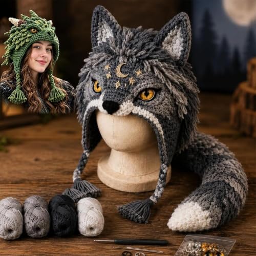 WEERSHUN Fantasy Hood Hat DIY Crochet Kit Series, Animal Hood Hat DIY Crochet Kit for Beginners, Complete Great Experience, Tutorial Guide, Yarn & Hook, Great Birthday Holiday Gift