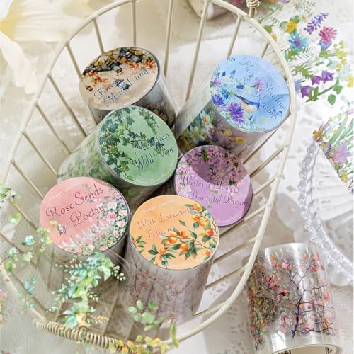 PET Tape Stickers for Journaling 6 Rolls Pre-Cut Flower Washi Tape Stickers Decorative Tape for Crafts Scrapbooking Junk Journal Supplies, Flower Branch