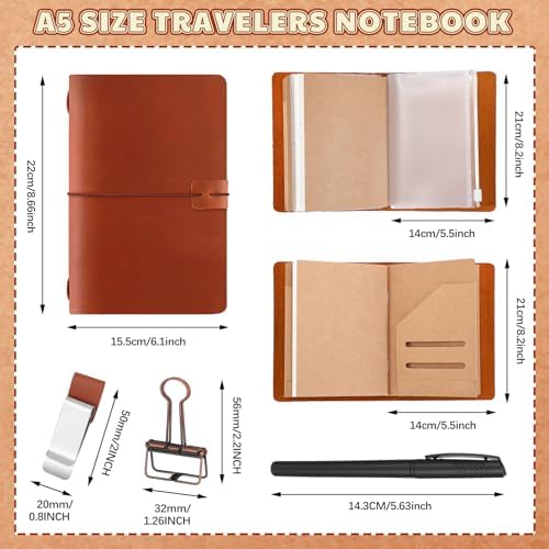 Thenshop Leather Travel Notebook 3 Inserts,Brown,A5 Size