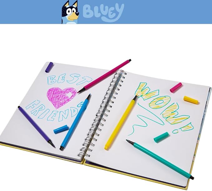 Innovative Designs Bluey Sketchbook for Kids with Washable Markers, 86 Blank Pages Spiral Bound, Blue