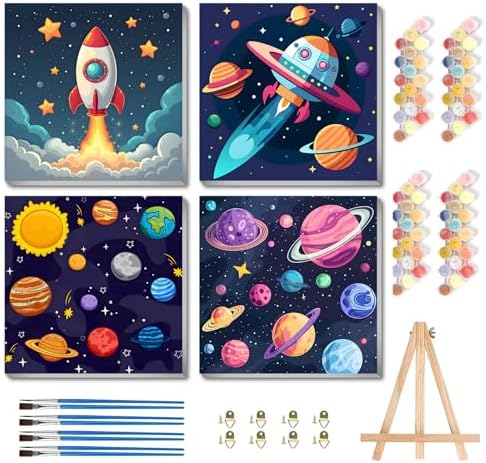 bleihum 4 Pack Paint by Numbers Kit for Kids with Frame Wooden Easel | Easy Paint by Number Kids Space, DIY Acrylic Oil Painting by Numbers for Home Wall Decor 8x8 Inch