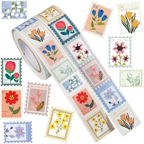 1000PCS Flower Stamp Stickers Roll, 2 Rolls 10 Designs Floral Stickers