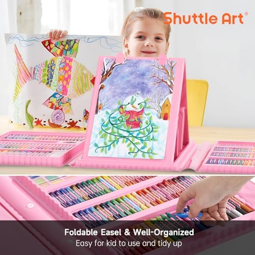 Shuttle Art 335 Piece Kids Art Set, Multi-Media Art Supplies, Gift Art Kit with Trifold Easel, 2 Drawing Pads, 2 Coloring Books, Oil Pastels, Crayons, Watercolors, Markers, Colored Pencils (Pink)