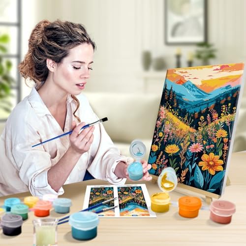 JOOZ Mountain Paint by Numbers Kit for Adults with Frame, Flowers Paint by Number with Easel, DIY Landscape Adult Paint by Number Kits Framed Canvas for Home Wall Decor 8 x 12 Inch
