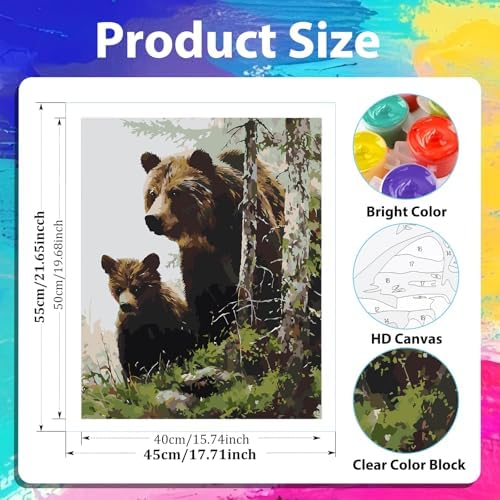 xcemhil Bear Paint by Numbers Kit for Adults Beginner, Bear Paint by Numbers for Adult, Acrylic Paint by Number Kits Suitable for Home Wall Art Decor Gifts 16x20 Inch