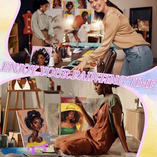 Blosssound 10 Set Pre Printed Canvas Pre Drawn Canvas Painting with Easel Kits 5" x 7" Outline Painting Panels for Beginners, DIY Craft Project, Home Decors(Black Women)