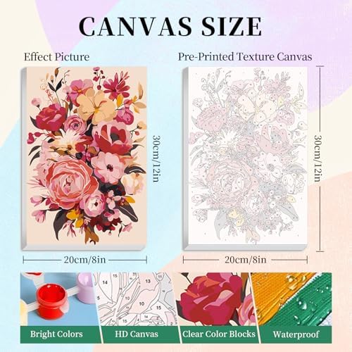 Camocin 4 Pack Framed Paint by Numbers Kit for Adults with Wooden Easel | Floral Bouquet Artwork, Pink Flowers Wall Decor, DIY Canvas Painting Set, Home Wall Decor, Beginner Friendly, 8x12 Inch