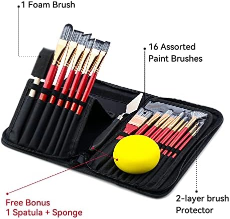 Transon 20Pcs Art Paint Brush Kit with Storage Case, 16 Brushes + Foam Brush Spatula Sponge for Acrylic Oil Watercolor Gouache, Adults Teens Beginners Art Supplies