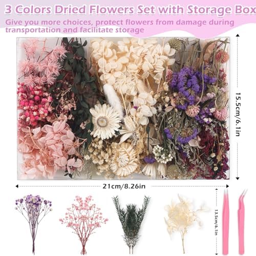 Comkrivy Real Dried Flowers 100% Natural Dried Flowers, Mixed Colors Dried Leaf Flowers for DIY Arts and Crafts Candles Resin Jewelry Nail Pendant Cards Scrapbooking Wedding Home Decoration