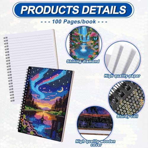 Fullhawl 6 Pack 5D DIY Diamond Art Crafts Kit for Adults Office Supplies Beginner A5 Leather Diamond Painting Gift for Women Art Cover Craft Accessories with Tool (Aurora Painting)