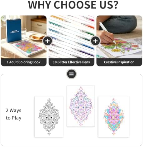 18 Glitter Gel Pens Set with 30-Page Coloring Book Floral, Animal Mandala