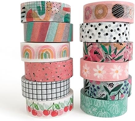 12 Rolls Washi Tape Set for Journaling, Scrapbooking & Decorative Crafts