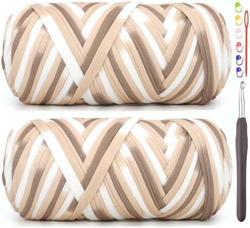 2 Pack Tshirt Yarn for Crocheting,Rainbow T Shirt Chunky Elastic Thick T-Shirt Crochet Yarn for Beginners Crocheting Hand Knitting Bag/Basket/Coasters/DIY Crafts/Home Decor 2 * 200G-Coffee White Brown