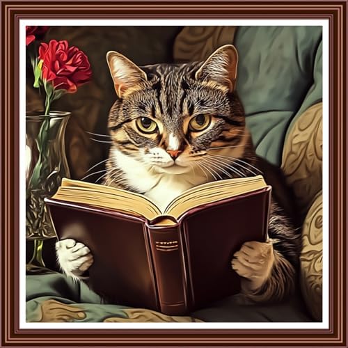 Dimensean Counted Cross Stitch Kit for Beginners, 11CT Unprinted Cross-Stitch Kit Easy Patterns Needlepoint Kit Cross Stitching Embroidery Kit Supplies-Cat Reading 18x18 inch