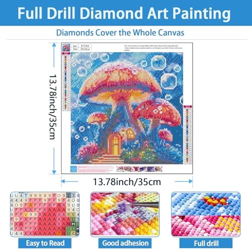 TYPUSOK Mushroom Diamond Art Kits for Adults,Round Full Drill 5D Diamond Painting Kits for Beginners,Mushroom House DIY Diamond Dots Pictures Gem Art Kit,Home Wall Decor 13.78x13.78in