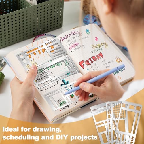 3 Pcs Record Template Metal Planner Stencils for Journaling 5.2X2.3 Inch Flexible Journal Template Stainless Steel Calendar Stencil for Weekly Spread Checklist Drawing DIY Crafts Supplies