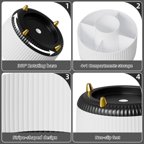 Marbrasse Desk Organizer, 360-Degree Rotating Pen Holder, Desk Organizers and Accessories with 5 Compartments Pencil Holder, Art Supply Storage Box Caddy for Office, Home (White+Black)