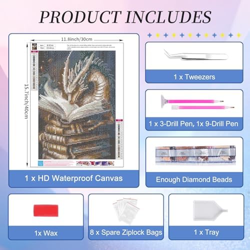 Diamond Art Kits for Adults, Dragon Diamond Painting Kit, 12 x 16 Inch