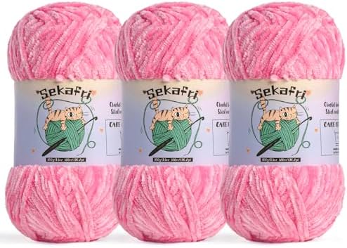 3 Pack of 300g (590yds) Fuzzy Chenille Yarn for Crocheting,Fluffy Amigurumi Crochet Yarn for DIY Craft/Hat/Clothes, Soft Velvet Baby Blanket Yarn（3 Rose）