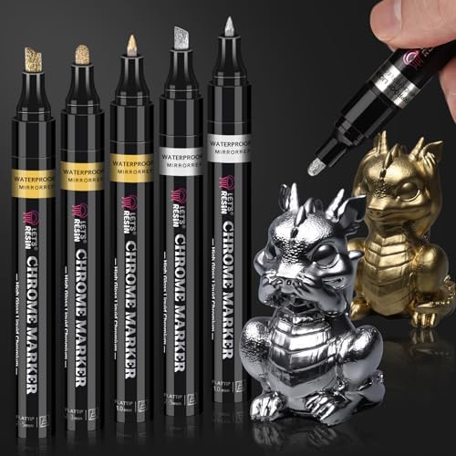 LET'S RESIN 6Pcs Mirror Chrome Markers,3 Sizes Shiny Chrome Paint Pen | Large Barrel, Quick Dry,Oil-based,Silver & Gold Markers for Metal, Resin,Model Painting,Marking,Jewelry Repair Kit
