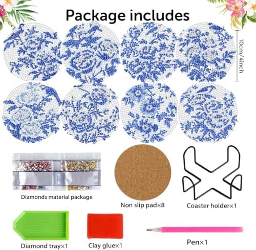 8 Pack Diamond Art Coasters, Blue Flowers Diamond Painting Coasters