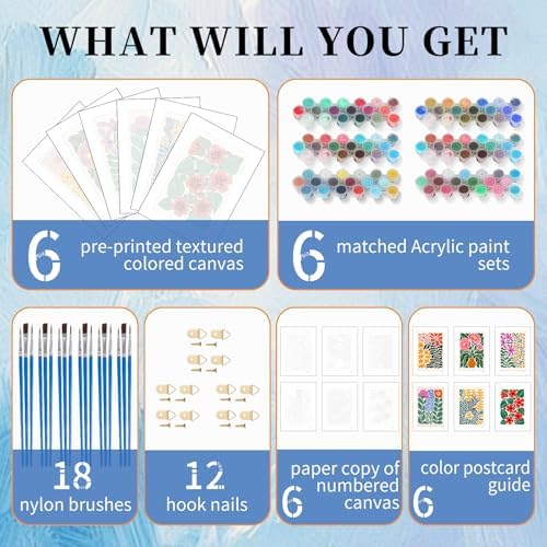 6 Pack Paint by Numbers Kit for Adults, Flowers Number Painting, 8x12 Inch | DIY Adult Paint by Number Kits on Canvas for Beginners, without Frame, Botanical Home Wall Decor, Stress Relief Craft Gift