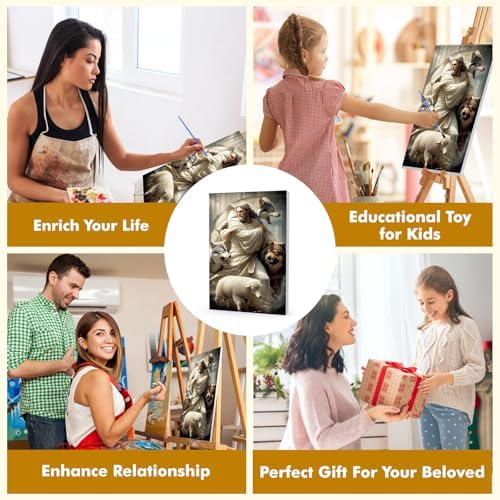 Bowetile Framed Jesus Paint by Numbers Kit for Adults, Adults' Paint-by-Number Lamb Kits on Canvas, Painting by Numbers Wolves, DIY Acrylic Number Painting for Home Wall Decor, 8x12in