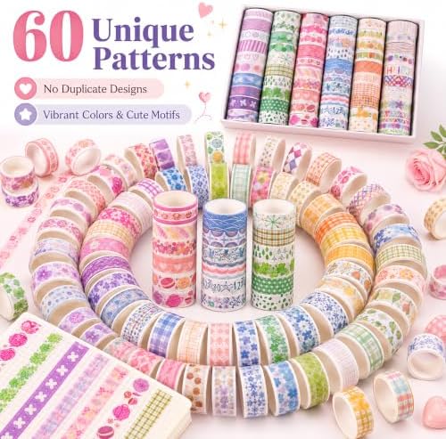 60 Rolls Colorful Washi Tape Set, 0.59 in x 6.56 ft Decorative Paper Tape with Assorted Patterns for Journaling, Scrapbooking, Planners, DIY Crafts and Gift Wrapping