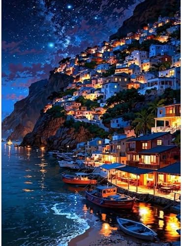 koemhxb Mediterranean Night Paint by Numbers Kit for Adults, Coastal Village Painting by Numbers, Adult Paint by Number Kits Suitable for Gifts and Interior Decor 16x20 Inch