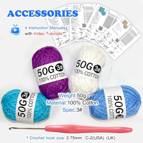 zwzxd Beginner Crochet Kit: Cotton Thread, Hooks & DIY Dishcloth Tutorial （Cool Blue-Purple）