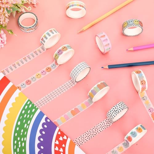 JarThenaAMCS 12 Rolls Washi Tape Composition Notebook Classroom Decor Pastel Smile Rainbow Decorative Masking Tape Set Preppy Wrapping Paper Tapes for Back to School Scrapbook Journal DIY Art Crafts