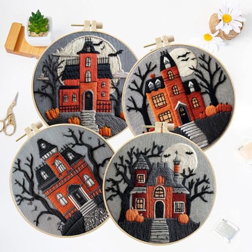 LB 4-Pack Halloween Castle Embroidery Kit for Beginners: Fall Pumpkin and Black Tree Bat Cross Stitch Kit | Adults DIY Starter Kit Includes Embroidery Hoop, Colorful Threads, Tools and Instructions