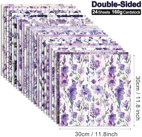 Purple Scrapbook Paper Vintage Flower Pattern Papers Pad 12×12,24 Sheets Double-Sided Spring Bobo Floral Scrapbooking CardStock Paper Pad for Mother's Day Holiday Cardmaking DIY Origami Papers.