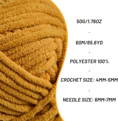 3 Packs Plush Chenille Chunky Crochet Yarn - Baby Yarn for Crocheting Soft - Velvet Yarn Knitting for Blankets Crafts - Fluffy Amigurumi Yarn 150g / 196.8yds (3 Turmeric)