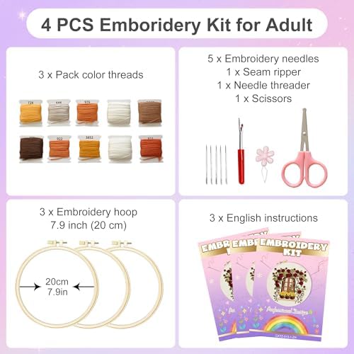 Huacan Embroidery Kit for Adults Beginners with 3 Hoops & Gift Box