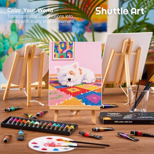 Shuttle Art 87 Pack Acrylic Painting Kit, Paint Kit with 3 Packs 15-Color Acrylic Paint, 3 Wooden Easels, Canvas, Brushes & Palettes, Art Painting Supplies for Adults, Kids & Beginners