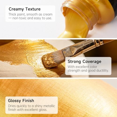 Shuttle Art Metallic Gold Acrylic Paint, 8.45 oz(250 ml) Gold Leaf Paint With Brush, Non Toxic, Non Fading Gold Paint for Crafts, Metal, Wood, Clay, Ceramic, Canvas, Furniture