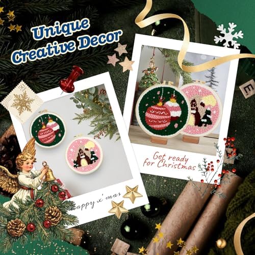 yuegool 2PCS Christmas Punch Needle Decoration Kit,Easy DIY Punch Needle Embroidery Kit for Beginners Adults Kids Including Patterns, Tools, Yarns, Hoop, Instruction, Bracket Art Craft Supplies