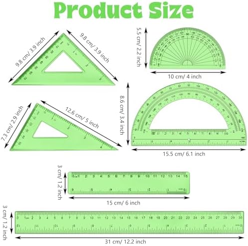 Tenare 6 Pcs Math Geometry Ruler Set, Protractor Triangle School,Green