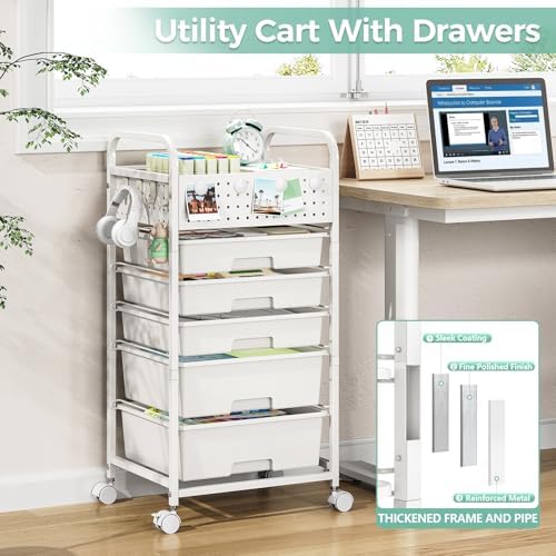5 Drawer Rolling Storage Cart with Pegboard Top and Hooks, White