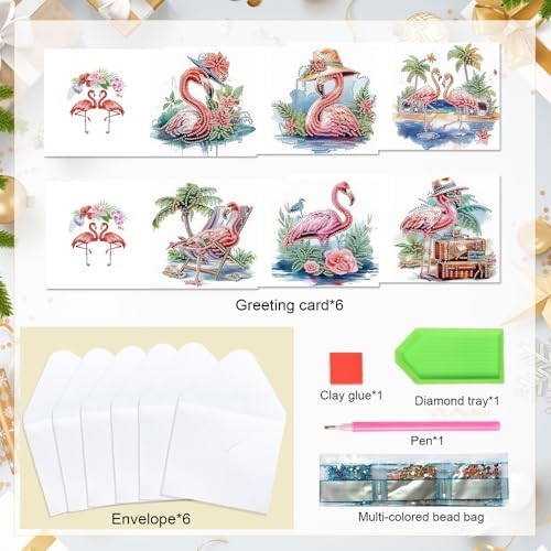 AiYuanzsh 6 Pack Diamond Painting Greeting Card Kits Flamingo Summer Designs, DIY 5D Diamond Art Greeting Cards with Envelopes for Birthday, Thanksgiving, Holiday Wishes and Handmade Gifts